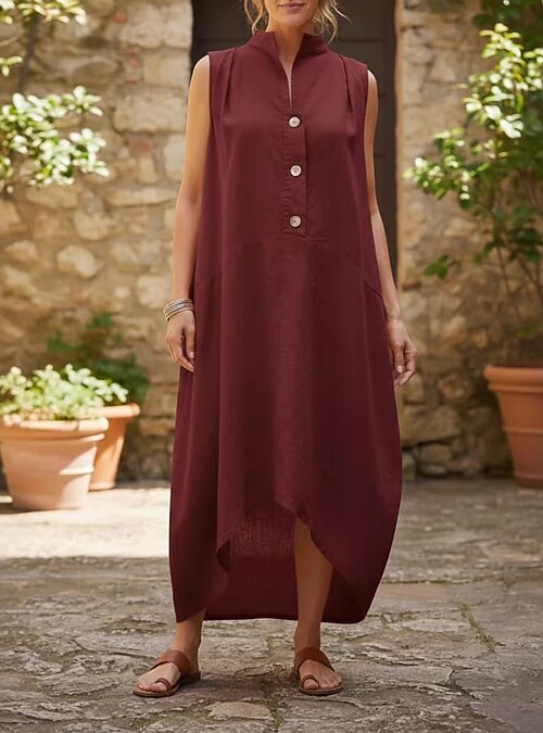 Women's 100% Cotton Midi Dress Faux Linen Shift Dress Backless Dress  Athletic Dress Vacation Casual Daily Beach Party Loose Fit Plain Sleeveless  Stand Collar Light Blue claret Orange color Yellow 2026 - 32.99