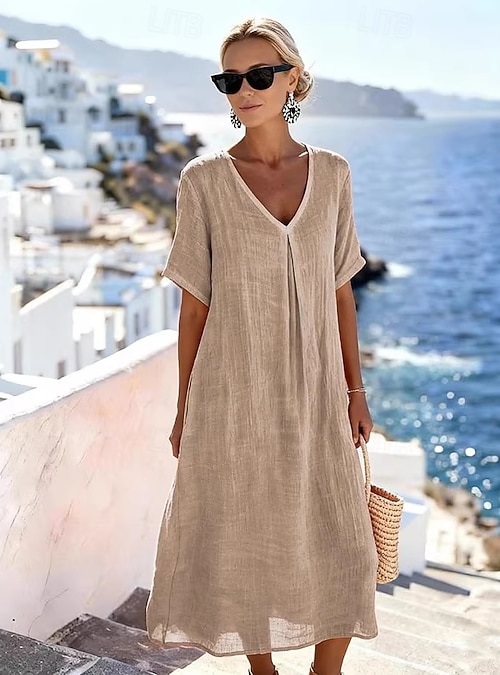 Women's Midi Dress Shift Dress Sundress A Line Dress Casual Beach Daily Beach Holiday Loose Fit Plain Half Sleeve V Neck Blue Peacock Green Orange Ros Women's Midi Dress Shift Dress Sundress A Line Dress Casual Beach Daily Beach Holiday Loose Fit Plain Half Sleeve V Neck Blue Peacock Green Orange Ros