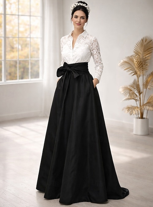A-Line Floor Length Wedding Guest Dress Formal Dresses Evening Gown Mother  of the Bride Dress Long Sleeve Shirt Collar Elegant Simple Minimalist Formal  Wedding Guest Lace Stretch Satin with Bow(s) 2026 -