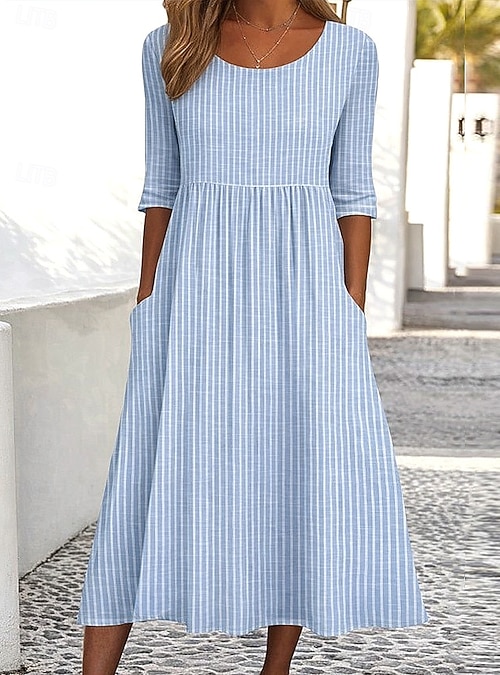 light blue midi dress casual Easowa Blue White Striped Midi Dress Women's Wedding Guest Cocktail V-Neck Lantern Sleeve High Waist A-Line Flared Hem Cotton Casual Vacatio,S