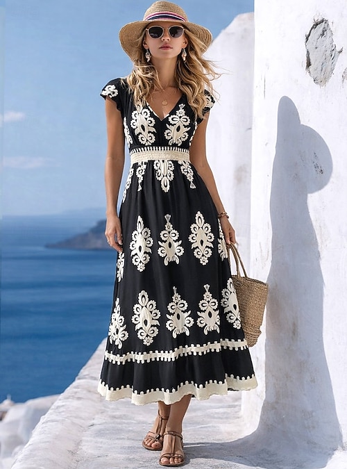 the black v neck floral short sleeve maxi dress Women's A Line Dress Casual Outdoor Going out Regular Fit Summer Spring 2026 shipping-surcharge Buy Amarra Dress Style Color:Retro Style whether youre grabbing lunch