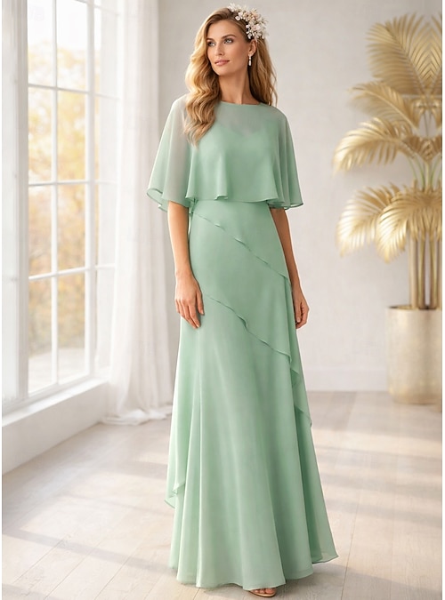 A-Line Floor Length Wedding Guest Dress Formal Dresses Tiered Dress Mother  of the Bride Dress Half Sleeve Crew Neck Elegant Wedding Guest Engagement  Party Chiffon with Cascading Ruffles 2026