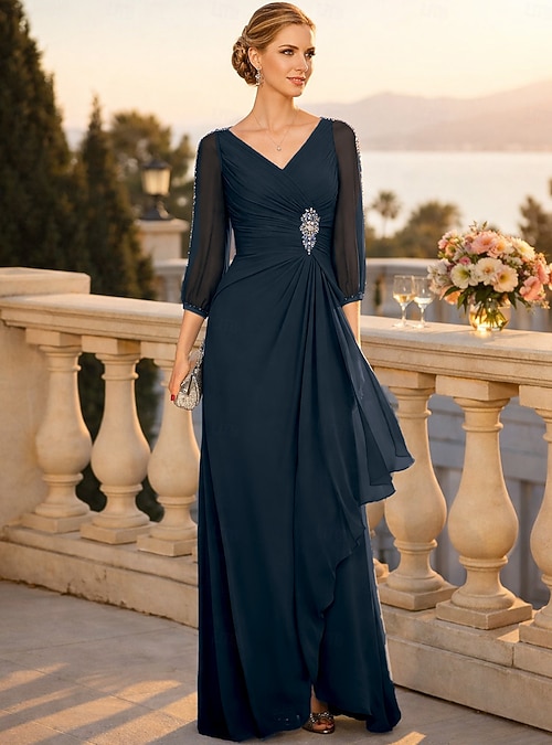 A-Line Floor Length Wedding Guest Dress Formal Dresses Evening Gown Mother  of the Bride Dress 3/4 Length Sleeve V Neck Elegant Wedding Guest Engagement  Party Chiffon with Beading Ruching 2026 - CAD $305.99