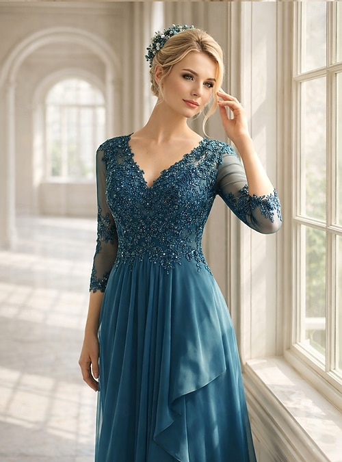 kate middleton blue dress zara 3/4 Sleeves A Line Ankle Length Chiffon Lace Wedding Guest Dresses