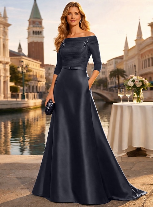 A-Line Floor Length Wedding Guest Dress Formal Dresses Evening Gown Mother  of the Bride Dress Half Sleeve Off Shoulder Elegant Minimalist Mother  Engagement Formal Evening Chiffon Satin with Ruched 2026