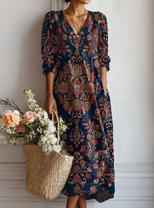 easter boho dress Easter Women's Maxi Dress Linen Like Breathable Lightweight Sundress A Line  Dress Vacation Casual Boho Holiday Regular Fit Floral Color Block Long  Sleeve V Neck Navy Black Pink Orange Summer Spring 2026 -