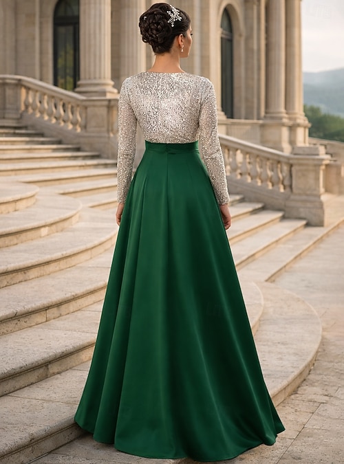 A-Line Floor Length Wedding Guest Dress Formal Dresses Flare Dress Mother  of the Bride Dress Long Sleeve V Neck Elegant Wedding Formal Wedding Guest  Satin with Glitter Bow(s) Slit 2026 - CAD