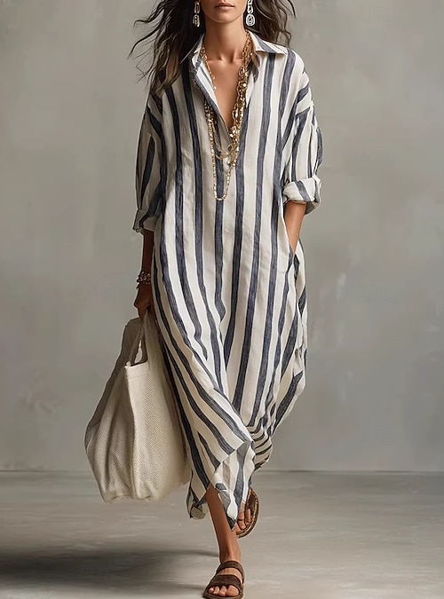 Women's Maxi Dress Shift Dress Sundress Work Dresses Vacation Casual Beach  Daily Office Beach Graphic Geometric Long Sleeve V Neck Blue dark brown  Black Pink Summer Spring Fall 2026 - $39.99
