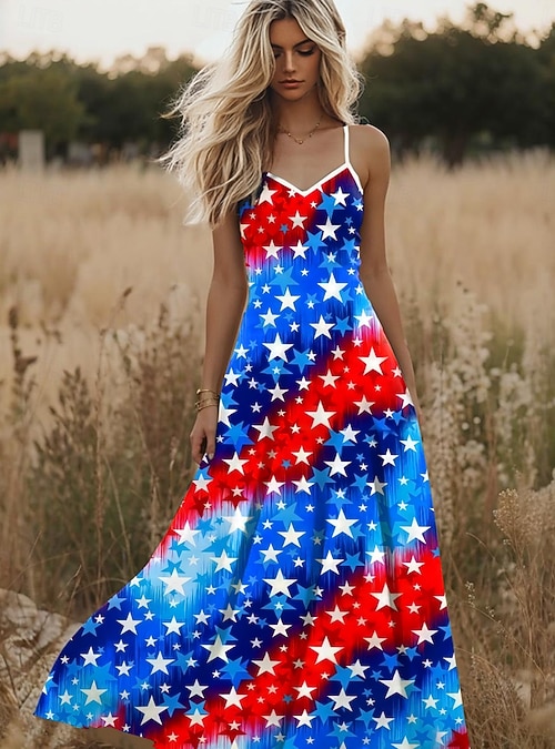 Independence Day Patriotic Shirt Women's Maxi Dress Sundress A Line Dress  Slip Dress Vacation Casual Going out Beach Regular Fit Graphic Stars and  Stripes National Flag Sleeveless V Neck 2026 - kr.389