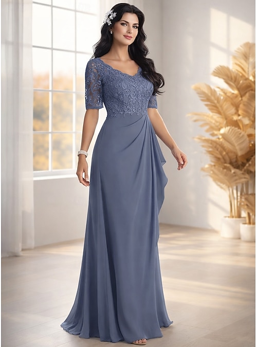 A-Line Floor Length Wedding Guest Dress Formal Dresses Evening Gown Mother  of the Bride Dress Half Sleeve V Neck Elegant Wedding Guest Engagement  Party Chiffon with Pleats Appliques 2026 - $206.99