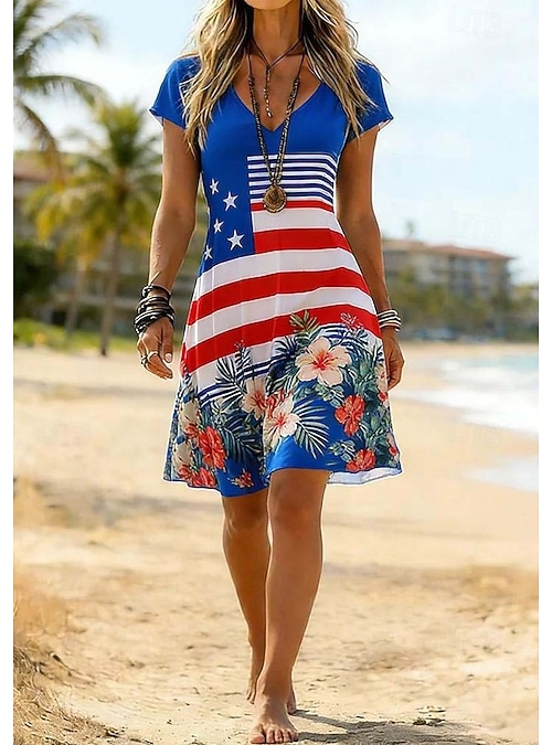 American Independence Day Women's Mini Dress Sundress Sheath Dress T Shirt  Dress Tee Dress A Line Dress Vacation Casual Outdoor Party Going out Loose  Fit Floral Graphic National Flag Short Sleeve V
