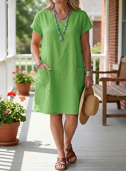 cotton linen casual dresses Short Sleeve Linen Summer Dress, Pleated Flare Midi Dress, Calf Length Linen Dress, Midi Cotton Linen Dresses, Comfortable Everyday Outfit