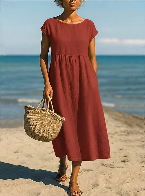 Women's Midi Dress A Line Dress Summer Dress Vacation Casual Boho Daily  Loose Fit Plain Short Sleeve Crew Neck Boat Neck Blue Black Dark Red Light  Green Summer 2026 - 23.99