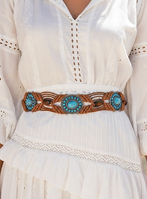 Women's Bohemian Wax Cord Belt with Turquoise Stone Accents, Adjustable Braided Waist Belt, Multi-Color Vintage Style Accessory for Women, Perfect for Daily Casual, Vacation, Beach & Resort Wear 2026