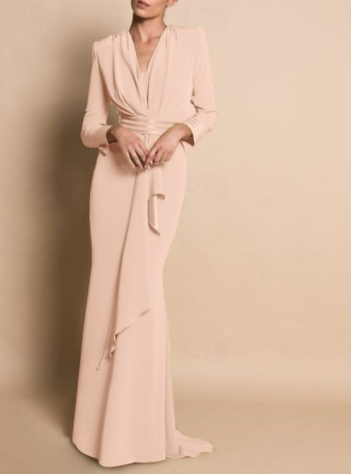 Beach Wedding Sheath Mother of the Bride Dress Formal Wedding Guest Elegant Party V Neck Sweep / Brush Train Stretch Chiffon Long Sleeve with Draping Ruching free custom size 2026 - CAD $221.99 Beach Wedding Sheath Mother of the Bride Dress Formal Wedding Guest Elegant Party V Neck Sweep / Brush Train Stretch Chiffon Long Sleeve with Draping Ruching free custom size 2026 - CAD $221.99