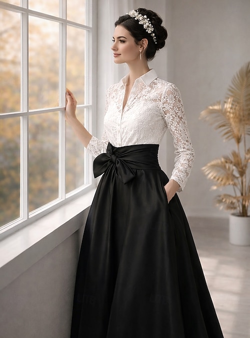 A-Line Floor Length Wedding Guest Dress Formal Dresses Evening Gown Mother  of the Bride Dress Long Sleeve Shirt Collar Elegant Simple Minimalist Formal  Wedding Guest Lace Stretch Satin with Bow(s) 2026 -