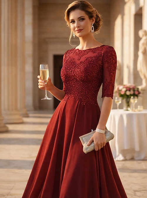 A-Line Ankle Length Party Dress Cocktail Dress Wedding Guest Dress Mother of The Bride Dress Half Sleeve Crew Neck Elegant Wedding Guest Wedding Party