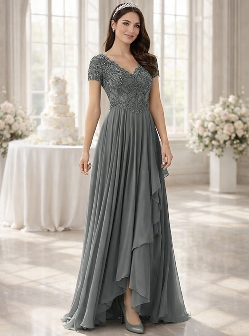 sachin and babi light blue dress A-Line Floor Length Wedding Guest Dress Formal Dresses Evening Gown Mother  of the Bride Dress Short Sleeve V Neck Elegant Simple Wedding Guest Formal  Evening Wedding Party Chiffon with Solid Color 2026 -