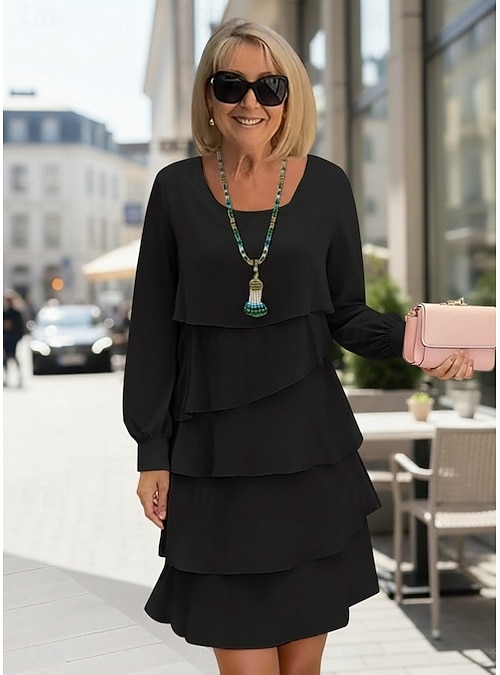 tiered ruffle crew neck long sleeve midi dress ZESICA Long Sleeve Crew Neck Ruffle Tiered Chiffon Midi Dress zesica