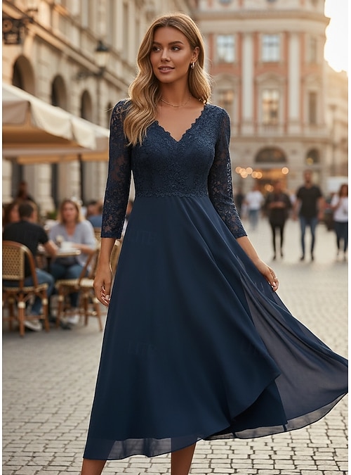 chiffon dress casual Women's Midi Dress Lace Dress Casual Dress Chiffon Dress Swing Dress  Streetwear Casual Vacation Street Holiday Regular Fit 3/4 Length Sleeve V  Neck Blue Green Summer 2026