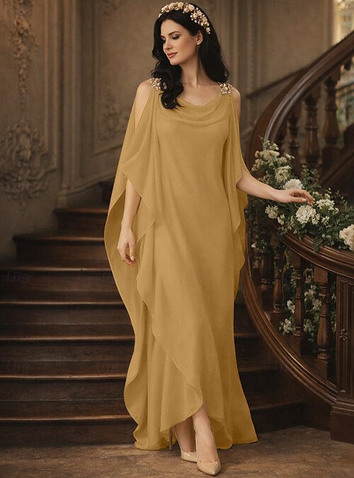 Sheath Column Floor Length Party Dress Cocktail Dress Wedding Guest Dress  Mother of the Bride Dress Half Sleeve Jewel Neck Elegant Plus Size Wedding  Guest Chiffon with Beading Cascading Ruffles 2026 -