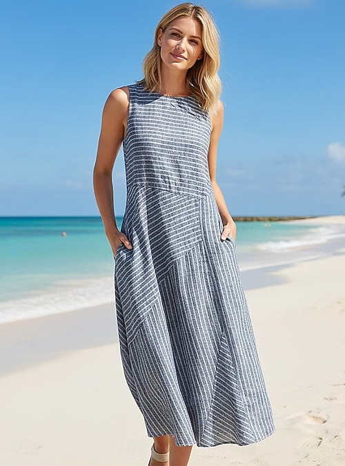 a line going out dress Women's Midi Dress A Line Dress Vacation Casual Outdoor Going out Loose Fit  Stripe Sleeveless Crewneck Blue Green Grey Summer Spring 2026