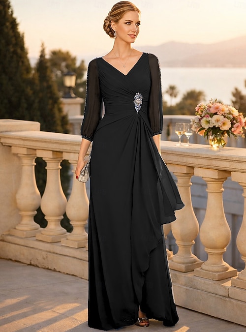 A-Line Floor Length Wedding Guest Dress Formal Dresses Evening Gown Mother  of the Bride Dress 3/4 Length Sleeve V Neck Elegant Wedding Guest Engagement  Party Chiffon with Beading Ruching 2026 - kr.1889