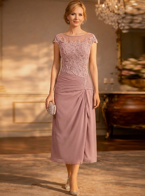 Sheath Column Ankle Length Party Dress Cocktail Dress Wedding Guest Dress  Mother of the Bride Dress Short Sleeve Crew Neck Elegant Simple Wedding  Guest Formal Evening Wedding Party Chiffon with Solid 2026 -