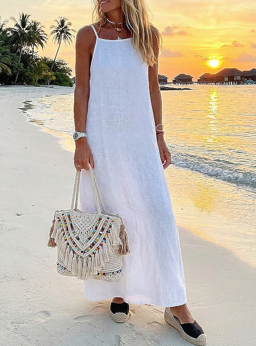 popular basics maxi dress Women's Maxi Dress Linen-feel Dresses Casual Dress Basic Casual Daily Vacation Regular Fit Plain Long Sleeve Shirt Collar White Light Green Pink Summer 2026