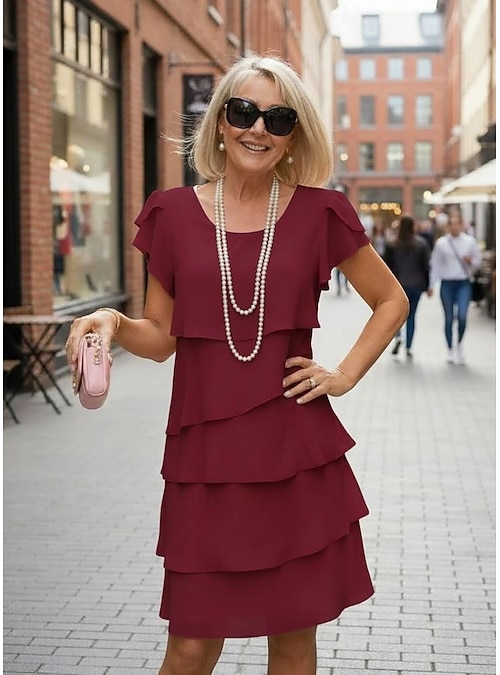 Women's Mini Dress Cocktail Dress Wedding Guest Dress Chiffon Dress Tiered Dress Elegant Evening Party Date Going out Regular Fit Pure Color Short Sleeve Crew Neck Pink Wine Red Fall 2026 - Women's Mini Dress Cocktail Dress Wedding Guest Dress Chiffon Dress Tiered Dress Elegant Evening Party Date Going out Regular Fit Pure Color Short Sleeve Crew Neck Pink Wine Red Fall 2026 -
