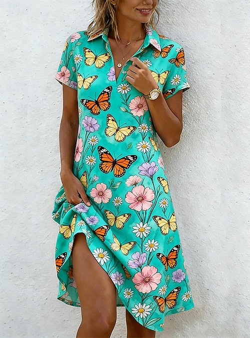 boho knee length dress Women's Knee Length Dress Boho Dress Casual Dress Print Dress Fashion Classic Modern Outdoor Vacation Going out Regular Fit Paisley Short Sleeve Shirt Collar Blue Summer Spring 2026