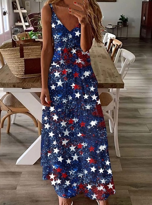 american flag maxi dress Patriotic Stars And Stripes Long Sleeveless Maxi Dress With American Flag  Pattern For Women Casual Outfits Suitable For Leisure And Sports Activities