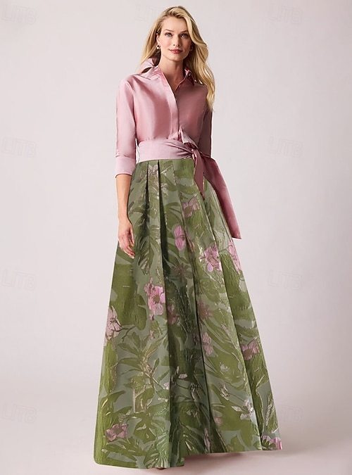 A-Line Floor Length Shirt Dress Wedding Guest Dress Formal Dresses Mother of the Bride Dress Long Sleeve Shirt Collar Elegant Vintage Wedding Formal Nylon with Floral Print Bow(s) Slit 2026 - GBP A-Line Floor Length Shirt Dress Wedding Guest Dress Formal Dresses Mother of the Bride Dress Long Sleeve Shirt Collar Elegant Vintage Wedding Formal Nylon with Floral Print Bow(s) Slit 2026 - GBP