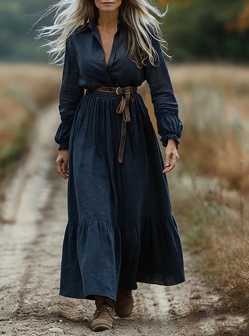 Women's Long Dress Maxi Dress Casual Dress Swing Dress Summer Dress Boho  Dress Vintage Vacation Daily Holiday Regular Fit Pure Color Long Sleeve V  Neck Blue Summer 2026 - GBP 32.99