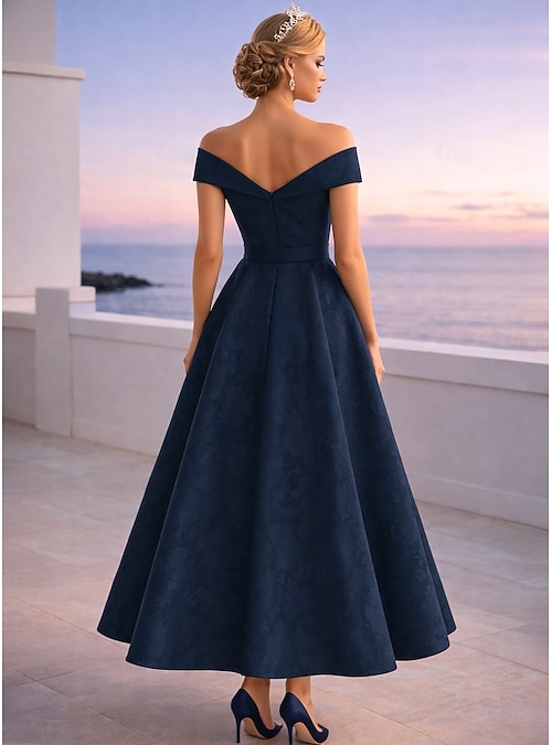 A-Line Floor Length Party Dress Cocktail Dress Wedding Guest Dress Mother  of the Bride Dress Short Sleeve Off Shoulder Elegant Vintage Wedding Formal  Nylon with Bow(s) Strappy 2026 - $176.39