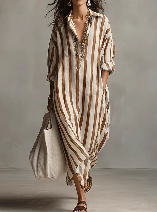 Women's Maxi Dress Shift Dress Sundress Work Dresses Vacation Casual Beach  Daily Office Beach Graphic Geometric Long Sleeve V Neck Blue dark brown  Black Pink Summer Spring Fall 2026 - CAD $56.99