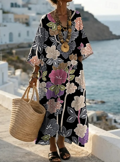 long loose dresse Sleeve Flare Dress The relaxed trapeze silhouette and side pockets make it a comfortable and stylish choice for any occasion. Long boho slip dress for