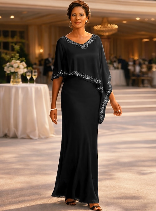 sheath column v neck floor length chiffon evening dress Wedtrend Women Chiffon Dark Green Evening Dress A Line V Neck Floor Length  Mother Of The Bridal Dress With Half Sleeves – WEDTREND main image 0