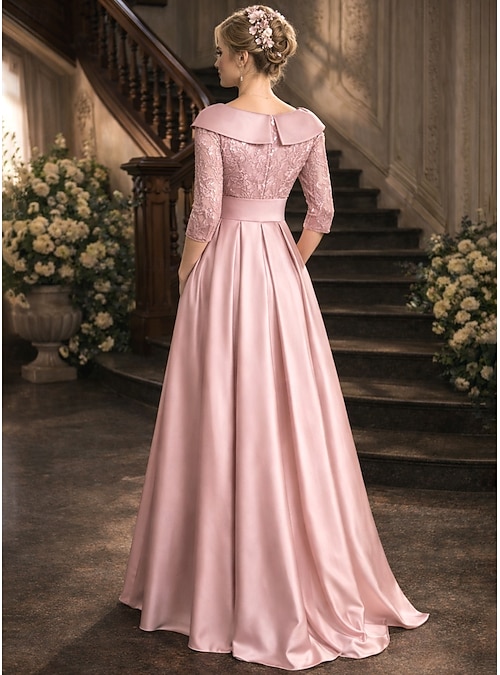 A-Line Floor Length Wedding Guest Dress Formal Dresses Flare Dress Mother  of the Bride Dress 3/4 Length Sleeve V Neck Elegant Wedding Guest Engagement  Party Satin Lace with Lace Bow(s) Pleats 2026 -