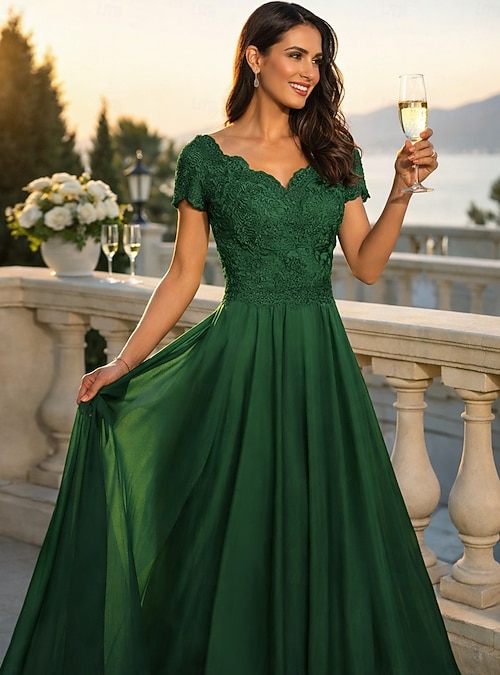 A-Line Floor Length Wedding Guest Dress Formal Dresses Evening Gown Mother  of the Bride Dress Short Sleeve Sweetheart Elegant Formal Wedding Guest  with Pleats 2026 - $154.99