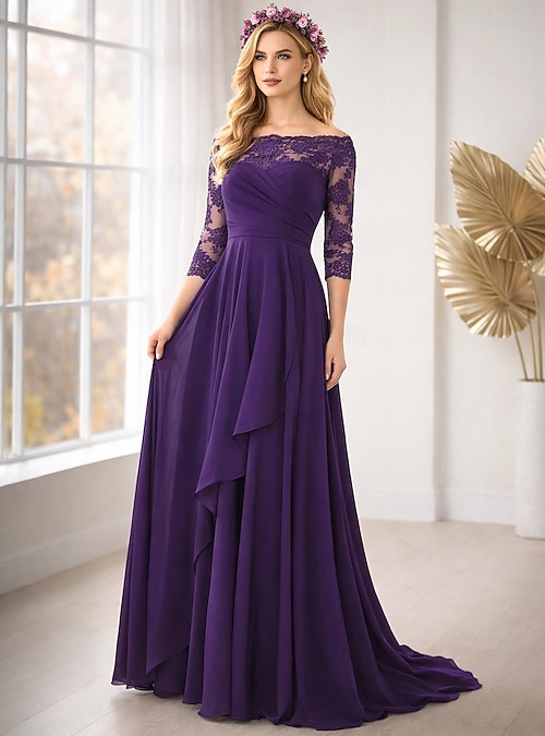 sachin and babi light blue dress A-Line Floor Length Wedding Guest Dress Formal Dresses Evening Gown Mother  of the Bride Dress 3/4 Length Sleeve Off Shoulder Elegant Simple Formal  Wedding Guest Formal Evening Chiffon with Solid Color 2026 -