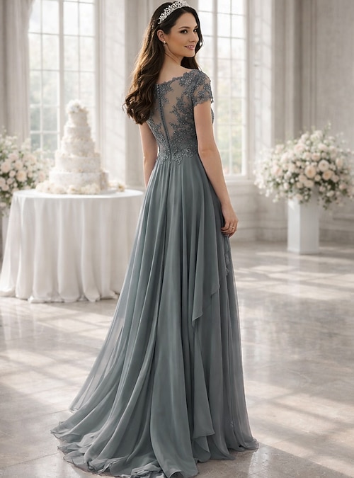 A-Line Floor Length Wedding Guest Dress Formal Dresses Evening Gown Mother  of the Bride Dress Short Sleeve V Neck Elegant Simple Wedding Guest Formal  Evening Wedding Party Chiffon with Solid Color 2026 -