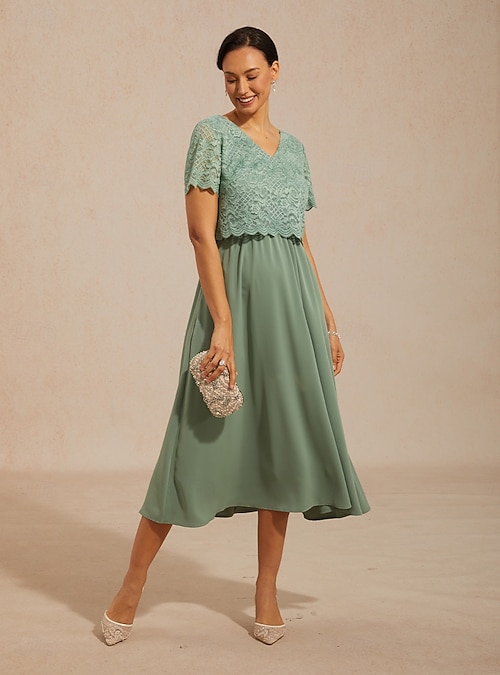Women's Midi Dress A Line Dress Elegant Daily Wedding Guest Lace Pocket Regular Fit Solid Color Short Sleeve V Neck Sage Green 2026 - $98.99 Women's Midi Dress A Line Dress Elegant Daily Wedding Guest Lace Pocket Regular Fit Solid Color Short Sleeve V Neck Sage Green 2026 - $98.99