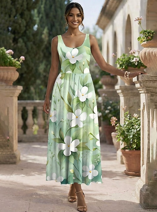 a line dress slip Women's Midi Sundress Dress Dress Pleated Dress Vacation Casual Boho Beach Date Regular Fit Floral Graphic Sleeveless Scoop Neck Yellow Purple Orange Green Summer Spring 2026 women's a line cocktail Style:Ruched every garment is Size:sm