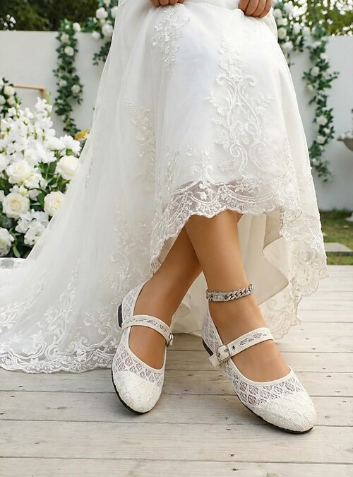 wedding shoes for ivory lace dress Perfect Bridal London Ivory Lace Low Block Heel Ankle Strap Shoes