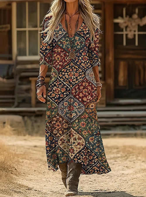 Women's Maxi long Dress Boho Dress Vintage Dress Casual Dress Vintage Daily  Outdoor Vacation Regular Fit Floral Long Sleeve V Neck Navy Blue Spring  Fall Autumn 2026 - 39.99