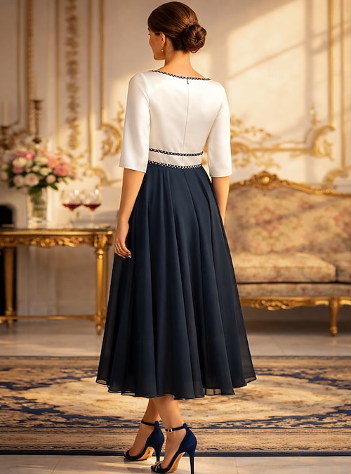 A-Line Ankle Length Party Dress Cocktail Dress Wedding Guest Dress Mother of the Bride Dress Half Sleeve Crew Neck Elegant Wedding Guest Engagement Party Chiffon Satin with Beading Ruching 2026 - SAR A-Line Ankle Length Party Dress Cocktail Dress Wedding Guest Dress Mother of the Bride Dress Half Sleeve Crew Neck Elegant Wedding Guest Engagement Party Chiffon Satin with Beading Ruching 2026 - SAR