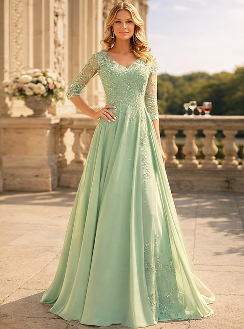 A-Line Floor Length Wedding Guest Dress Formal Dresses Evening Gown Mother  of the Bride Dress 3/4 Length Sleeve V Neck Elegant Wedding Guest Wedding  Party Chiffon with Beading Appliques 2026 - $220.49