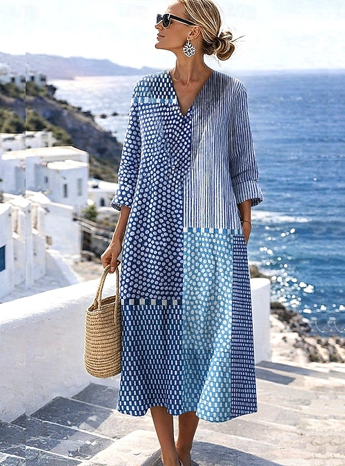 casual kaftan dresses for women long sleeve Plus Size - Bohemian Stripe Print Kaftan Dress for Women