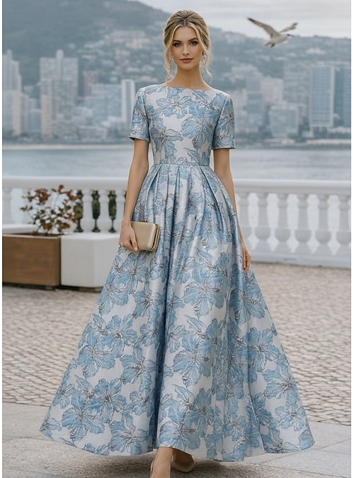 A-Line Ankle Length Formal Dresses Cocktail Dresses Elegant Short Sleeve Boat Neck Wedding Cocktail Party Jacquard with Pleats 2026 - $176.39 A-Line Ankle Length Formal Dresses Cocktail Dresses Elegant Short Sleeve Boat Neck Wedding Cocktail Party Jacquard with Pleats 2026 - $176.39